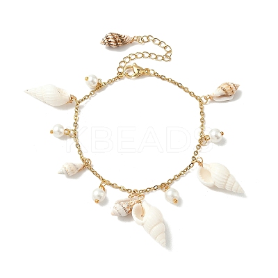 Natural Spiral Shell & Glass Pearl Charm Bracelets BJEW-JB09973-1