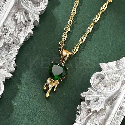 304 Stainless Steel Green Cubic Zirconia Pendant Necklaces for Women NJEW-C078-01C-G-1