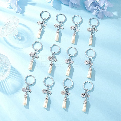 12Pcs Twelve Constellations 304 Stainless Steel Charm & Faux Suede Tassel Keyachins KEYC-JKC01309-1
