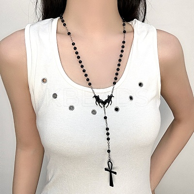 Alloy and Iron Ankh Cross Heart with Bat Wings Pendant Black Round Acrylic Rosary Bead Necklaces NJEW-D335-01BP-1