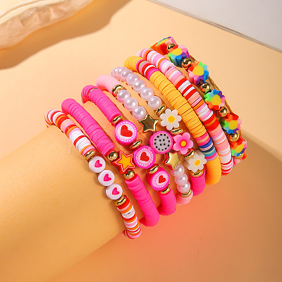8Pcs 8 Colors Handmade Polymer Clay Heishi Bead Stretch Bracelet Set WG3957D-04-1