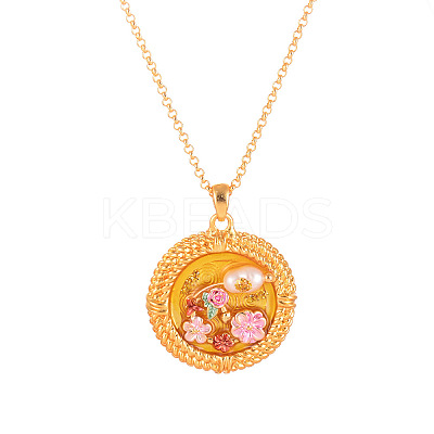 Alloy Enamel with Natural Pearl Pendant Brass Chain Necklaces FS-WGD59E5-06-1