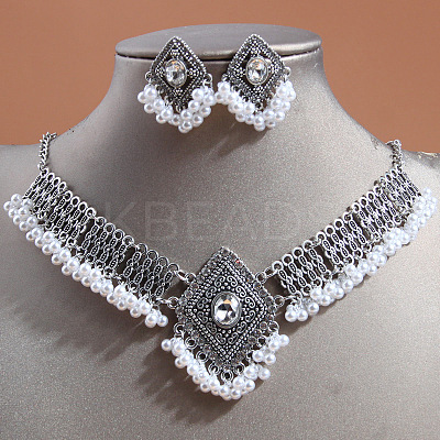 Rhombus Alloy Rhinestone Choker Necklace & Earrings Sets for Women FS-WGAB840-05-1