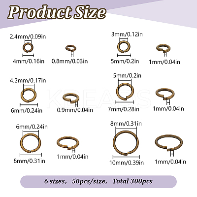 300Pcs 6 Styles Brass Open Jump Rings KK-LP0001-37-1