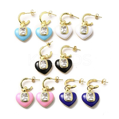 Enamel Heart Dangle Stud Earrings with Clear Cubic Zirconia EJEW-G327-07G-1