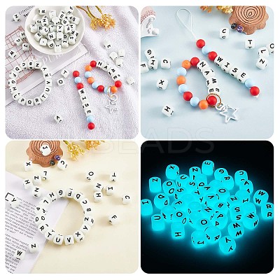 20Pcs Luminous Cube Letter Silicone Beads 12x12x12mm Square Dice Alphabet Beads with 2mm Hole Spacer Loose Letter Beads for Bracelet Necklace Jewelry Making JX437C-1