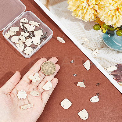 32Pcs 16 Style Oval & Rectangle & Fan & Butterfly Natural Ash Wood Stud Earring Findings EJEW-UN0002-29-1