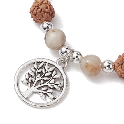 Round Natural Bamboo Leaf Agate & Electroplated Synthetic Non-magnetic Hematite & Natural Rudraksha Beaded Stretch Bracelets BJEW-JB10661-1