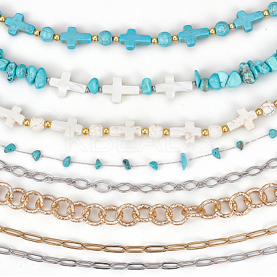 8Pcs 8 Styles Synthetic Turquoise Cross & Natural Trochid Shell & Natural Turquoise & Aluminum & 304 Stainless Steel Baseball Cap Chain HJEW-SC0002-39-1