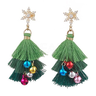 Polycotton Tassels Christmas Tree & Bell Stud Dangle Earring EJEW-JE06076-1
