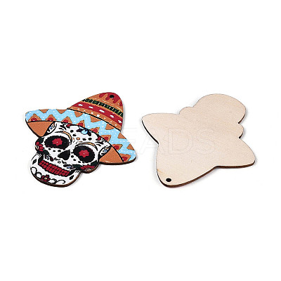 12Pcs UV Single Face Printed Wood Skull Pendant Decorations WOOD-N020-02-1