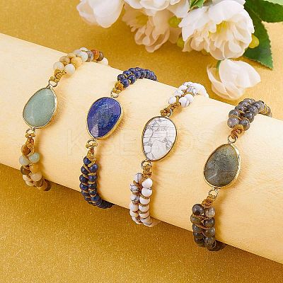 Natural Lapis Lazuli Teardrop Link Braided Bead Bracelet BJEW-SZ0002-54B-1