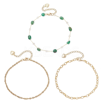 Dyed Natural Agate Nuggets & 304 Stainless Steel Link Chain 3 Layer Anklets for Women AJEW-AN00743-01-1