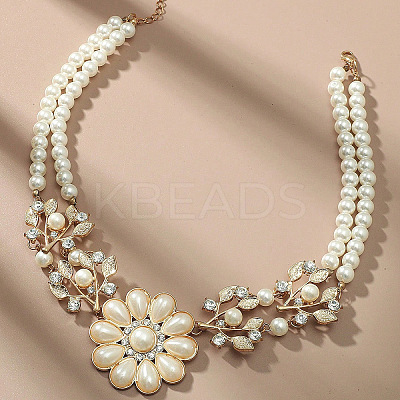 Alloy Crystal Rhinestone Flower Pendant Round Imitation Pearl Double Layer Necklaces for Women FS-WG4730C-01-1