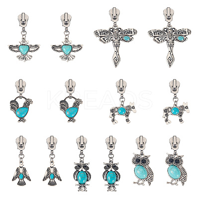 14Pcs 7 Styles Alloy & Synthetic Turquoise Zipper Sliders HJEW-TAC0101-1