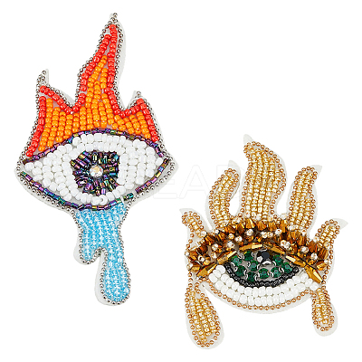 2Pcs 2 Style Fire & Eye & Teardrop Plastic & Rhinestone Beading Appliques DIY-FH0001-07-1