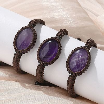 Adjustable Oval Natural Amethyst Braided Bead Bracelets BJEW-H626-02-15-1