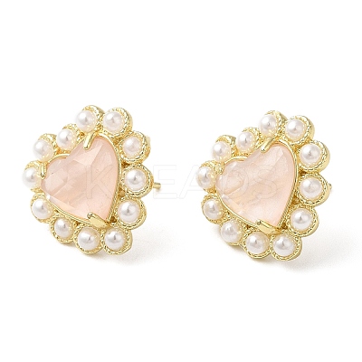 Ion Plating(IP) Natural Rose Quartz Heart Stud Earrings with Plastic Pearl Beaded EJEW-E599-02G-03-1