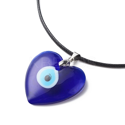 Blue Lampwork Evil Eye Pendant Necklace with Waxed Cord for Women NJEW-JN03955-03-1