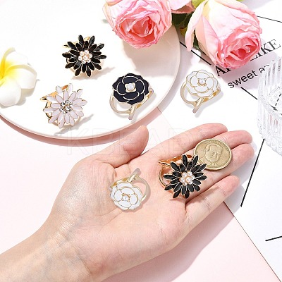 8Pcs 4 Styles Carnation & Daisy Golden Alloy Enamel Scarf Buckle Ring AJEW-CJ0001-33-1