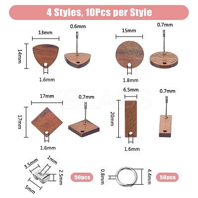 20 Pairs 4 Style Flat Round & Rhombus & Triangle & Rectangle Wood Stud Earring Findings DIY-DC0002-86-1