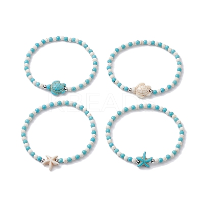 4Pcs 4 Style Dyed Synthetic Turquoise Starfish & Turtle Beaded Stretch Bracelets Set for Women BJEW-JB09337-1