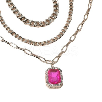 3Pcs Elegant Alloy Fuchsia Rhinestone Rectangle Pendant 3 Layer Necklaces Sets QV2693-2-1