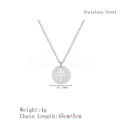 Fashionable 304 Stainless Steel Flat Round Lorraine Cross Pendant Necklaces for Women's Daily Wear FH2746-1