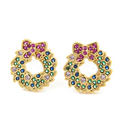 Rack Plating Brass Cubic Zirconia Christmas Wreath Stud Earrings EJEW-K245-48G-1