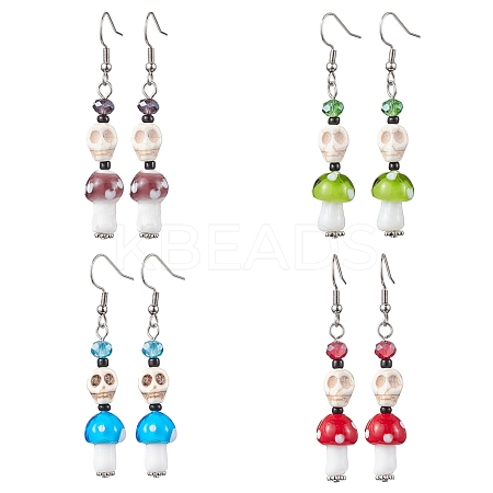 4 Pairs Dyed Synthetic Turquoise and Handmade Lampwork Beads Earrings EJEW-TA00417-1