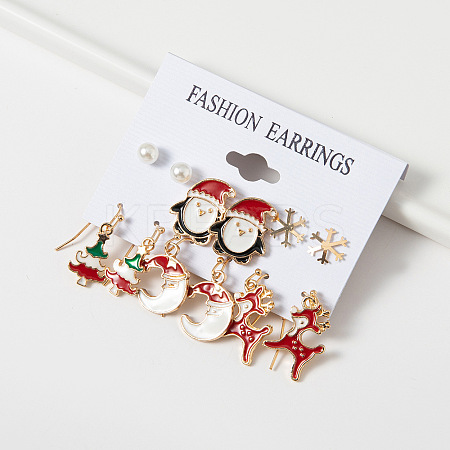 6 Pairs Christmas Zinc Alloy Enamel & Rhinestone & Plastic Pearl Dangle Earring & Stud Earring Sets FS-WGCB662-03-1