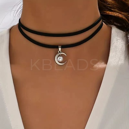 Gothic Moon with Round CCB Plastic Pendant Black Velvet Double Layer Choker Necklaces FS-WG1056C-01-1