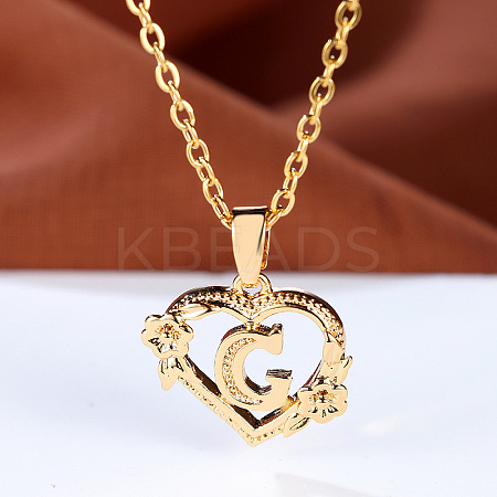 Brass Rose Flower Heart with Letter Pendant Cable Chain Necklaces FS-WG42461-07-1