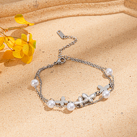 Double Layers Shell Pearl Butterfly Link Bracelets QO4642-2-1