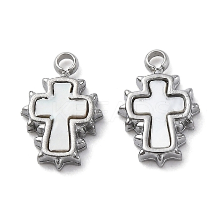304 Stainless Steel Pave Natural White Shell Cross Charms STAS-S163-26P-1