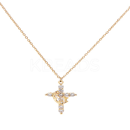 1Pc Brass Crystal Rhinestone Rotatable Crown Cross Pendant Cable Chain Necklaces for Women NJEW-LP0001-30-1
