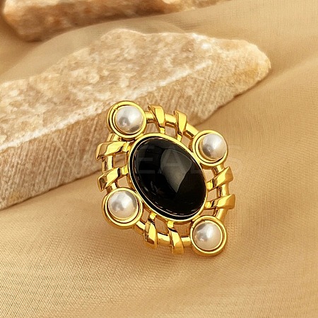 304 Stainless Steel with Natural Gemstone and Plastic Imitation Pearl Adjustable Cuff Rings for Women RJEW-Z096-02G-03-1
