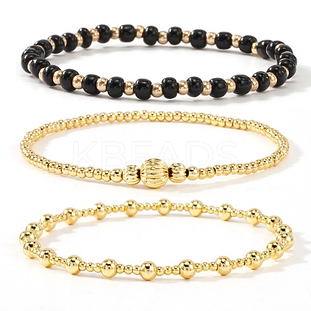 3Pcs Glass & Brass Round Beads Stretch Bracelets HD9470-10-1