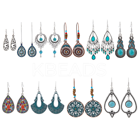 10 Pairs 10 Style Synthetic Turquoise Teardrop & Flat Round & Fan Dangle Earrings EJEW-FI0001-45-1