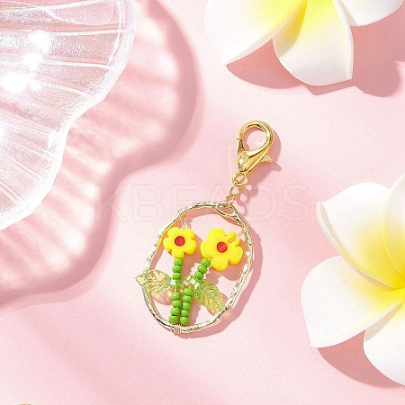 Oval with Flower Glass Seed Bead & Lampwork & Alloy Pendant Decoraitons HJEW-MZ00351-03-1