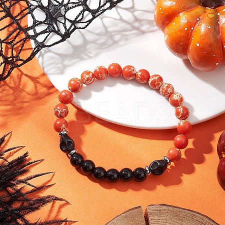 Synthetic Imperial Jasper & Turquoise & Painted Glass Beaded Stretch Bracelet for Women Men BJEW-JB12500-02-1