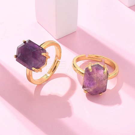 Hexagon Natural Amethyst Finger Rings RJEW-B113-02G-06-1