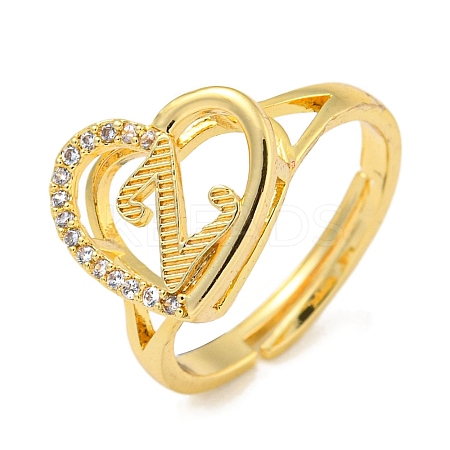 Heart with Letter Rack Plating Brass Micro Pave Cubic Zirconia Adjustable Rings for Women RJEW-I105-06G-Z-1