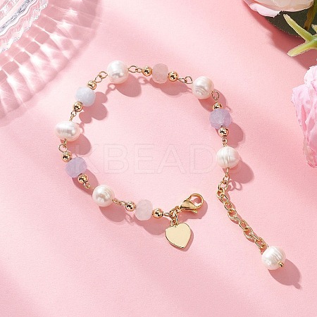 Round Natural Cultured Freshwater Pearl & Natural Lavender Amethyst & Aquamarine & Madagascar Rose Quartz Beaded Link Bracelets for Women BJEW-JB12807-1