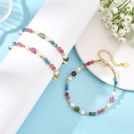 Natural Mixed Gemstone Faceted Round and Cube Beaded Bracelets with Natural Pearl & Brass End Chains BJEW-JB14336-03-1