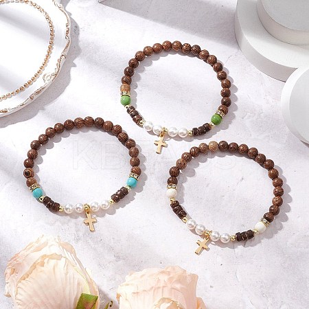 3Pcs 3 Colors 304 Stainless Steel Cross Charm Bracelets BJEW-JB11561-1