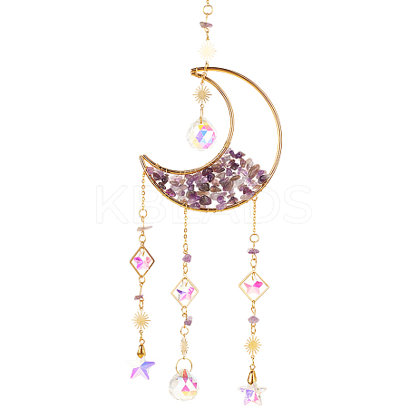 1Pc Alloy & Natural Gemstone Chips Moon Hanging Ornaments HJEW-BBC0001-17C-1