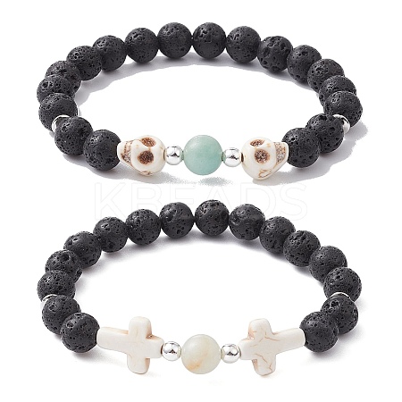 2Pcs 2 Style Skull & Cross & Round Natural & Synthetic Mixed Gemstone Beaded Stretch Bracelets Set BJEW-JB09519-1