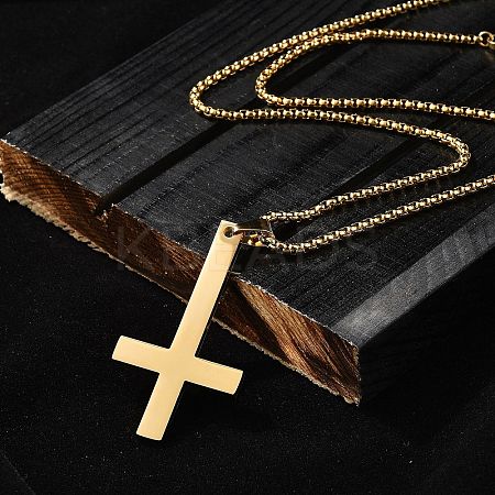 304 Stainless Steel Christian Upside Down Cross Pendant Box Chain Necklaces NJEW-NH0001-07G-1
