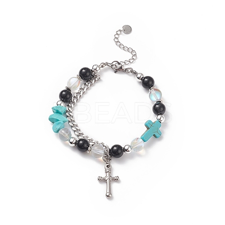 Natural & Synthetic Mixed Stone Beaded Bracelet with Cross Charm BJEW-TA00184-03-1